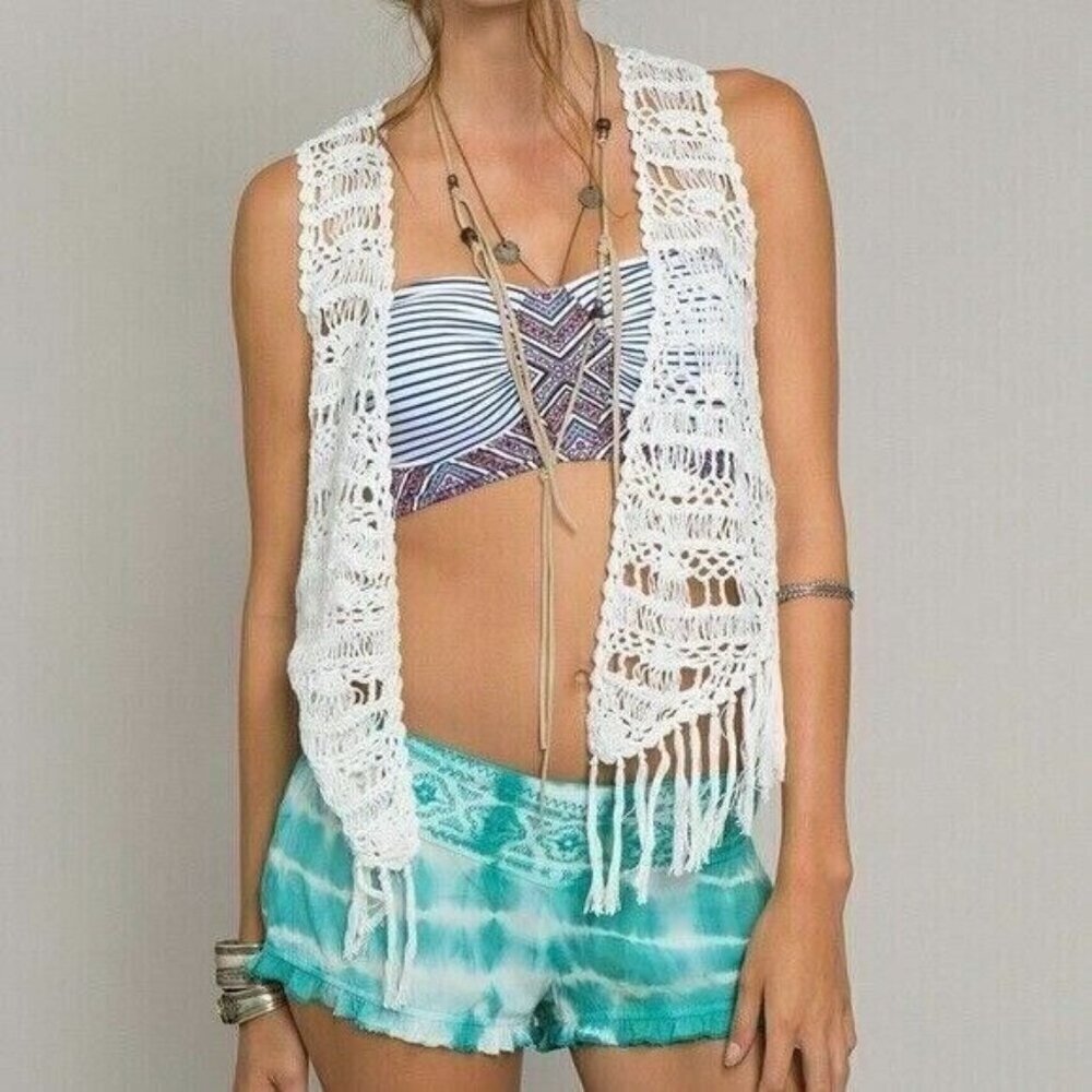 O'Neill Women's Winona White Crochet Fringe Vest Size S